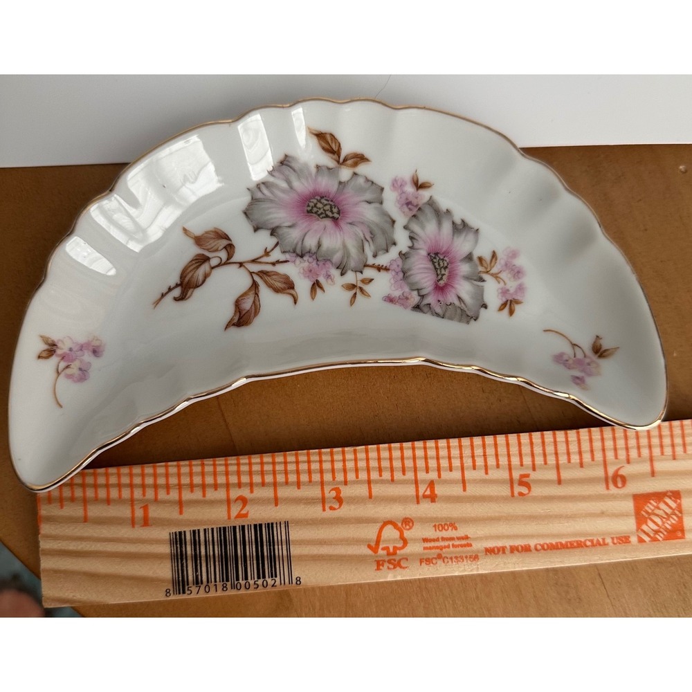 Andrea by Sadek Floral Crescent Bone Dish Pink Grey Gold Gilt Japan 7753 Vintage - Picture 7 of 8